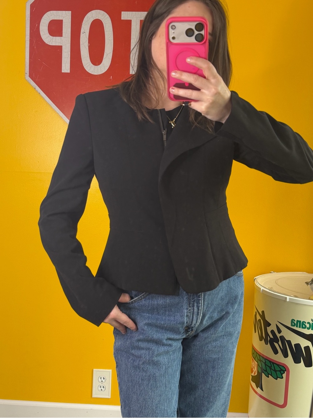 Bcbg maxaria black asymmetrical collar zipper blazer 
Size large
